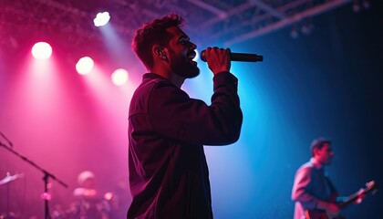 Young adult Hispanic male singer performs on stage with microphone under vibrant pink, blue stage lights. Audience watches musician during concert performance, musical expression, energetic show.
