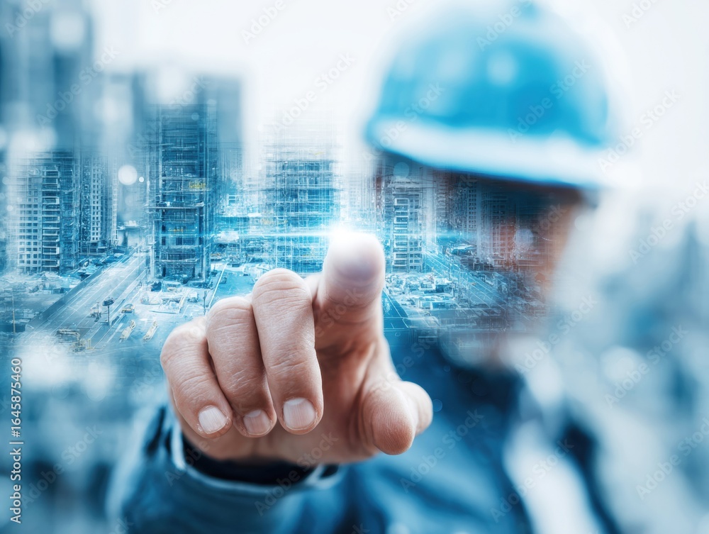 Poster a construction worker in a blue helmet uses a digital interface to engage with building designs. the