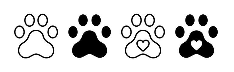 Obraz na płótnie Canvas Pet paw icon set. Heart with dog, cat pet footprint. Paw print sign and symbol. Transparent png and vector illustration.