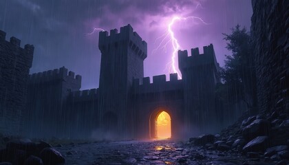 Fototapeta premium Fortified castle stands on stormy night with heavy rain, lightning illuminating dark sky. Ancient stone fortress with towers, walls presents ominous, gothic silhouette against dramatic atmosphere.
