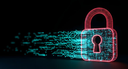 A padlock made of digital bits, representing data encryption or a system breach. A concept for cybersecurity, hacking, and information technology.
