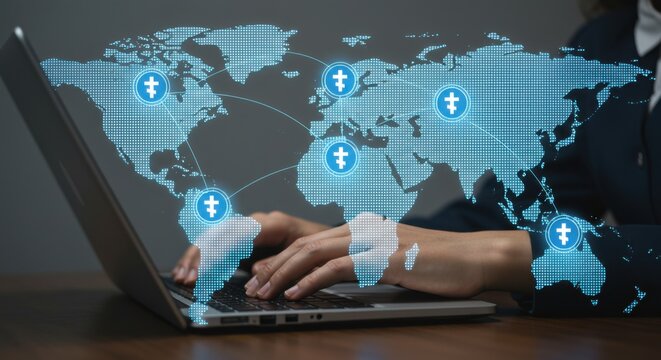 Woman typing on laptop with a metaverse or blockchain world map overlay, illustrating global digital connection.