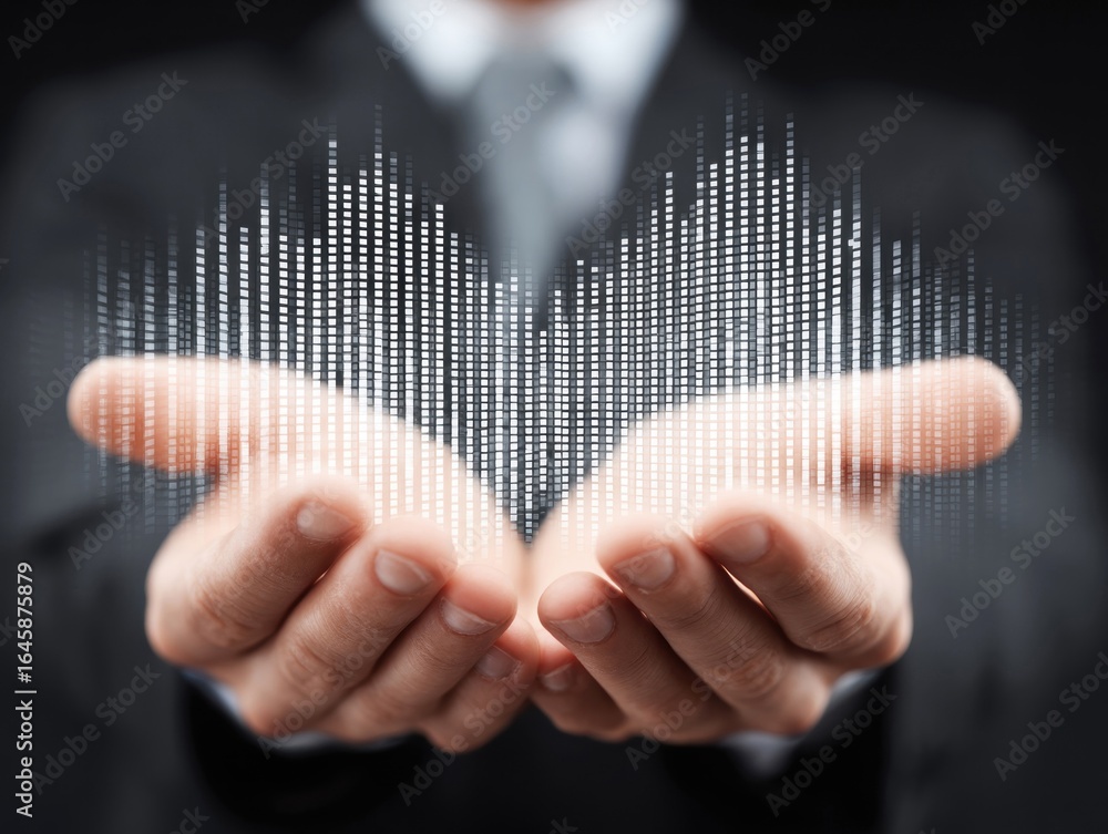 Poster hands holding digital sound wave representation in abstract design