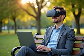 A young businessman in nature, conducting a video conference using a virtual reality headset.