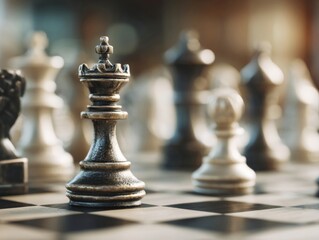 Fototapeta premium Chess pieces arranged on a board with a focus on the black king