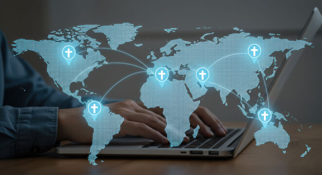 Woman doing global online church or religious network on laptop, connecting people and communities worldwide for virtual worship and spiritual outreach.