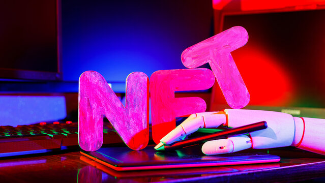 NFT digital art creation with robotic hand and glowing letters on a tech background