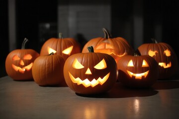 A Delightful Collection of Halloween Pumpkins with Spooky Faces Illuminated from Within for Festive Celebrations