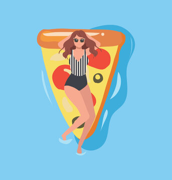 woman in striped one piece swimsuit and sunglasses relaxing on pizza inflatable float in clear blue pool water during tropical summer holiday