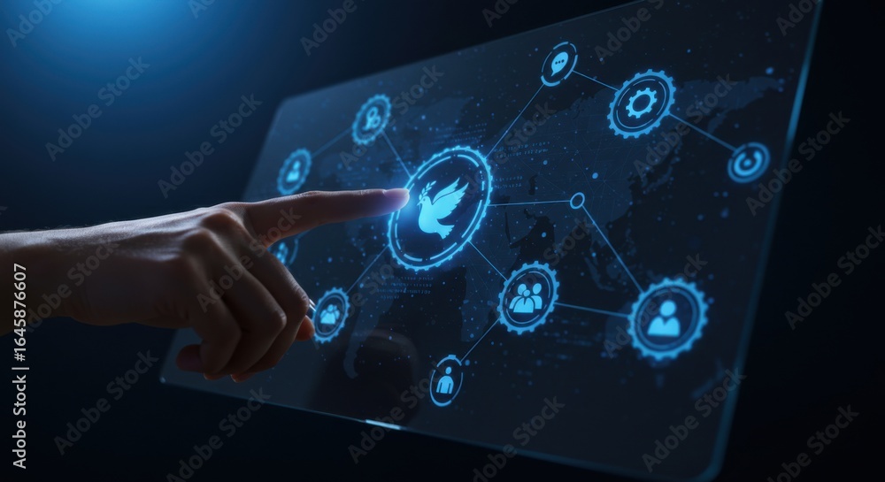 Poster hand touching peace dove icon on futuristic screen. global communication and social network concept.