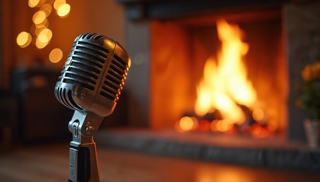 Retro microphone with glowing fireplace background evokes warmth and passion. Intimate atmosphere for soulful performances, creativity, and emotional music expression. Dynamic vintage vibe.