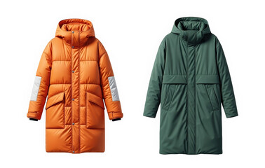 Two stylish padded winter jackets in orange and green colors  