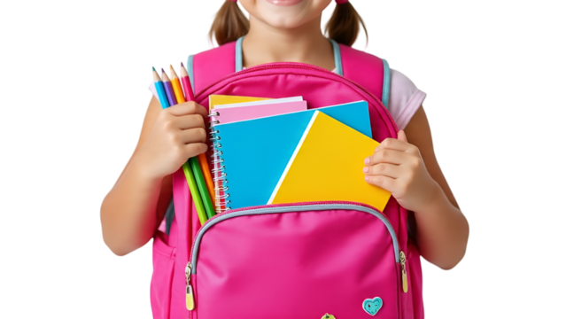 Happy Schoolgirl with Backpack and Notebooks Isolated on White Background