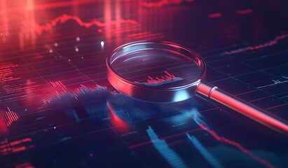 A magnifying glass hovers over a trading chart, with stock market charts and graphs in the background. The color scheme is predominantly red, 
