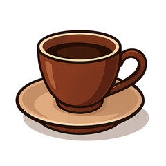 Brown coffee cup with saucer in cartoon style  