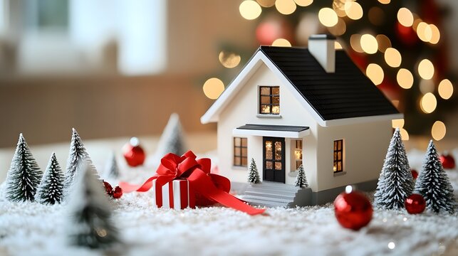 Miniature house surrounded by holiday decorations and presents in a cozy winter setting with lights