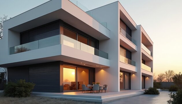 Modern luxury apartment building features minimalist design with roller shutter windows, glass balconies. Sleek geometric architecture, sleek lines, outward facing terraces create three-dimensional - Powered by Adobe