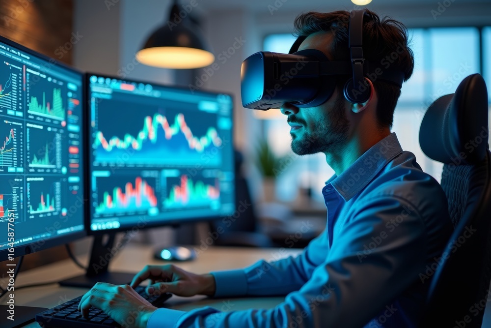 Poster stock market broker analyzing graphs and data with virtual reality goggles in a high-tech office env