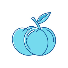 Stylized blue plums with stem and leaf on black background