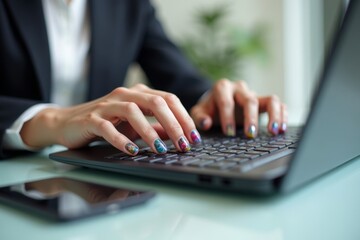 Colorful Nail Art Close-Up: Businesswoman Typing on Keyboard at desk