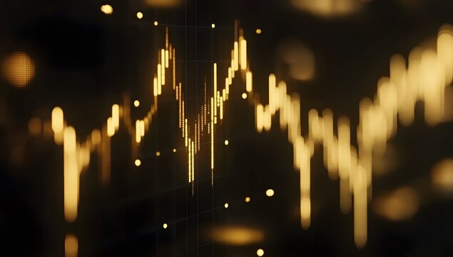 A golden stock chart on a black background, with financial graphs and data points. The gold lines of the graph create an elegant contrast against the dark backdrop, 
