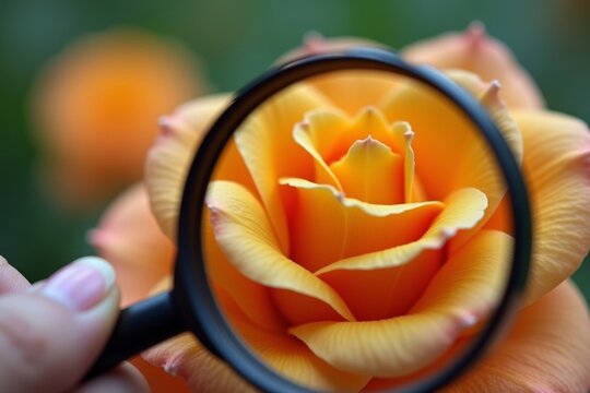 Macro photography: Hand holding magnifying glass to study intricate details of delicate flower petal - Powered by Adobe