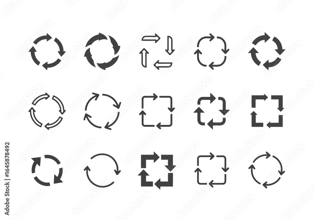 Poster collection of circular and square arrow icons representing cycles, refresh, and repeat actions isola