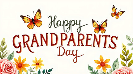 Beautifully illustrated happy grandparents day greeting card with butterflies and flowers