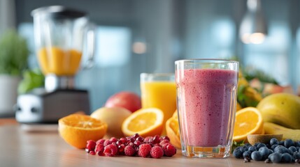 Fresh Smoothie and Juices on Table with Fruits and Blender in Bright Kitchen Setting for Healthy Lifestyle and Refreshing Beverage Inspiration