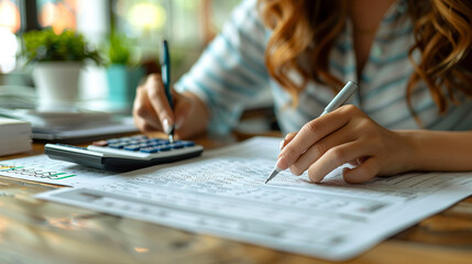 Woman working on paperwork with a calculator.
