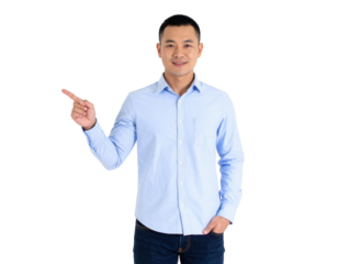 A smiling man in a light blue shirt is pointing with his right hand, conveying a sense of positivity and engagement.