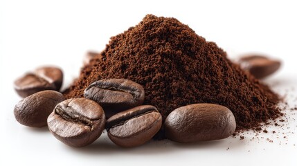 Freshly Ground Coffee Powder with Whole Coffee Beans on White Background for Culinary and Beverage Related Projects