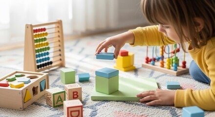 Child Playing with Wooden Toys, Focused on Learning and Creativity