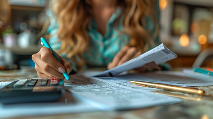 Woman working on paperwork with documents and calculator.