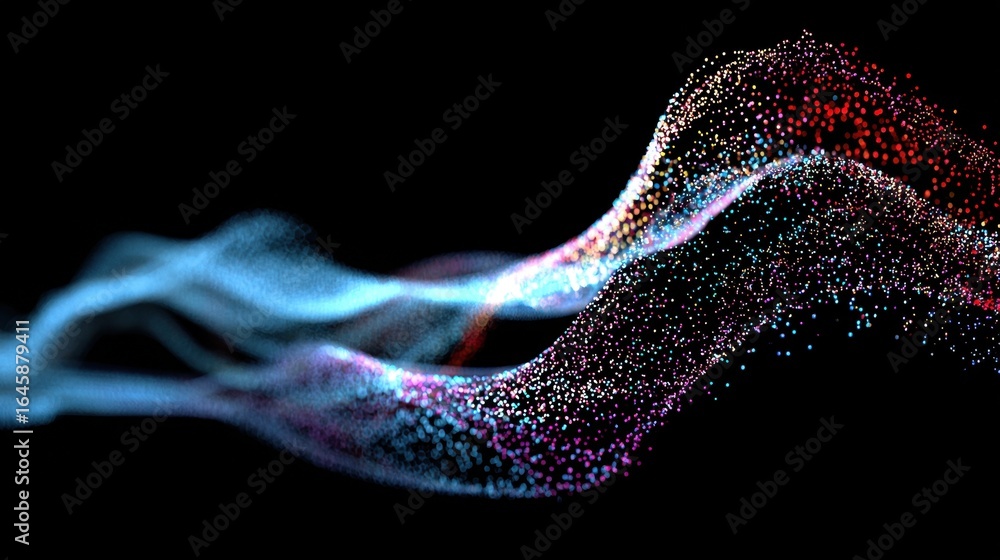 Poster abstract colorful waves with glittering particles in motion on a black background creating a dreamli