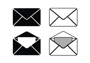 Set of four envelope icons in black and white, representing mail and communication, isolated on white background