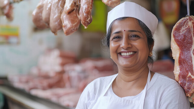 middle aged indian woman standing at butcher shop - Powered by Adobe