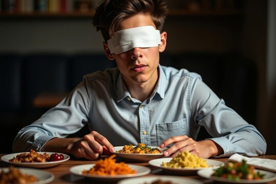 and tastes the different foods, relying on his other senses to experience the flavors. - Powered by Adobe