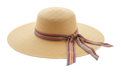 Relaxing summer day beach fashion accessory outdoor stylish sun hat with colorful ribbon. Cut out png