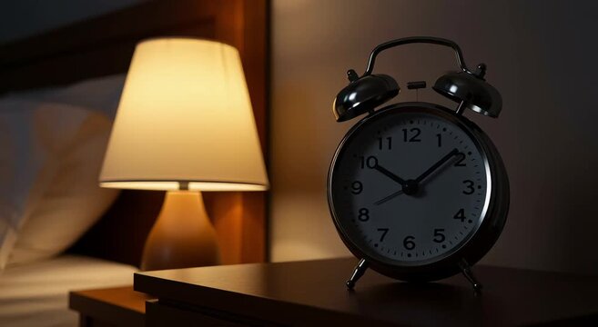Retro alarm clock on bedside table with lamp in dimly lit bedroom  