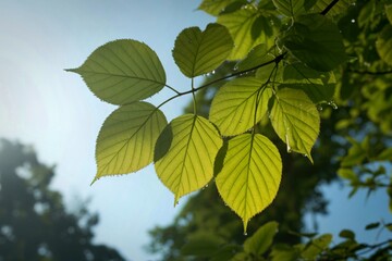 Sunlit green leaves against a bright blue sky