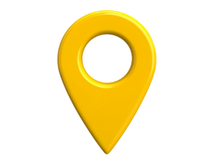  3D Perspective of Yellow Map Pin Icon Slightly Tilted Highlighting Rounded Edges and Opening Isolated on Transparent Background PNG