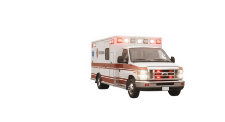 Emergency ambulance vehicle with flashing lights on white background  
