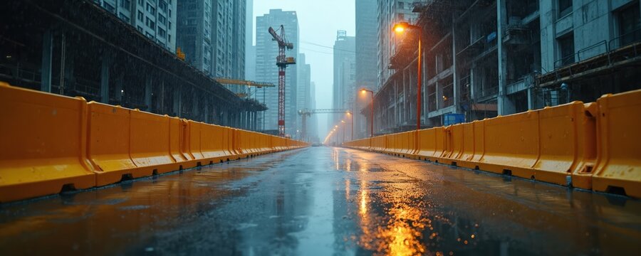 City construction site during heavy rain, wet road with reflections, yellow safety barriers line the street. Cranes and unfinished buildings indicate urban development and progress.