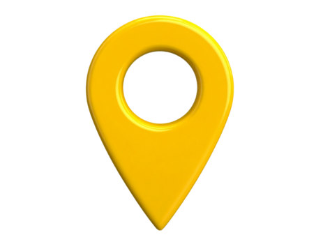  3D Perspective of Yellow Map Pin Icon Slightly Tilted Highlighting Rounded Edges and Opening Isolated on Transparent Background PNG