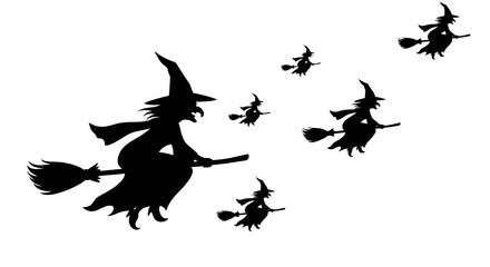 Multiple black silhouettes of witches flying on broomsticks against a stark white background, creating a spooky and magical scene.