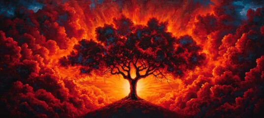 Majestic Tree Silhouetted Against Fiery Sunset and Dramatic Sky