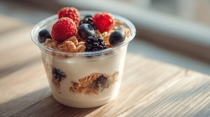 Yogurt parfait with granola, raspberries, blueberries, and blackberries in clear plastic cup on wooden surface