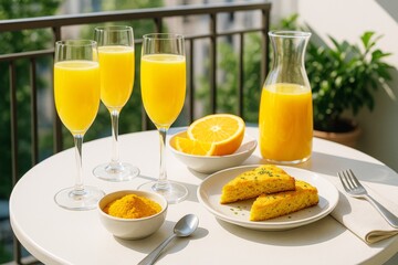 Fresh orange juice and turmeric breakfast setup on a sunny balcony with creative bright light background and healthy drinks concept. Ai generative