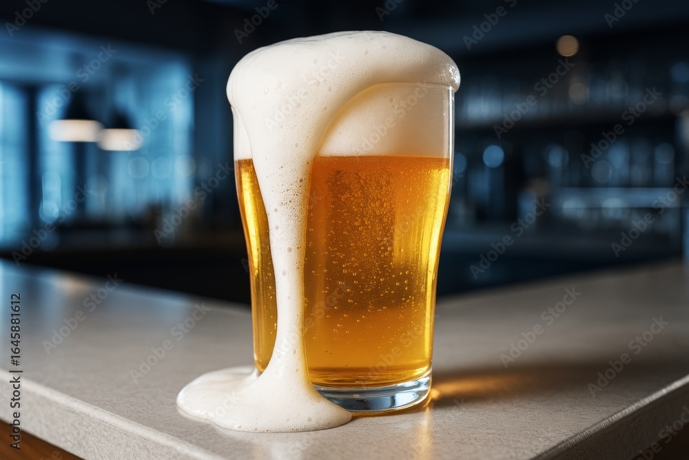 Poster overflowing glass of fresh beer with thick foam on bar counter in soft light and blurred background.
